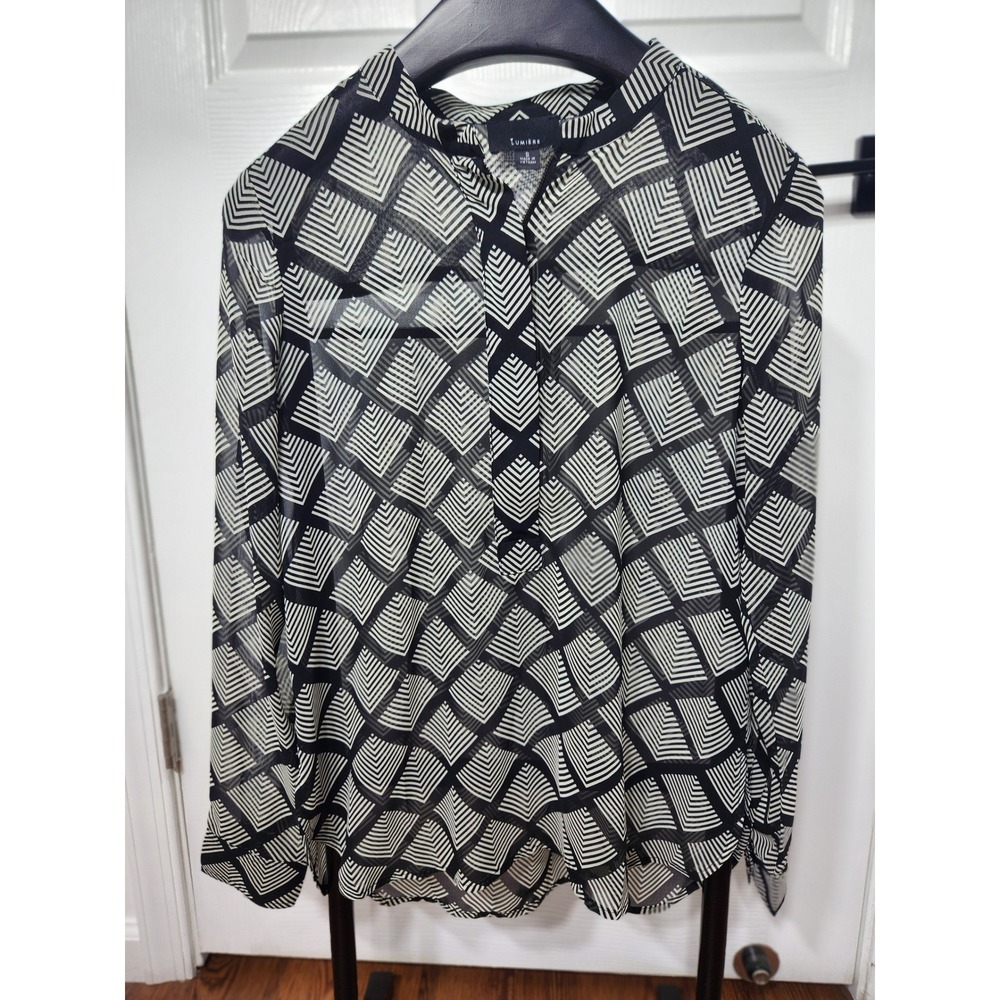 Lumiere Women Black White Geometric Print Zip Front Chiffon Blouse Small